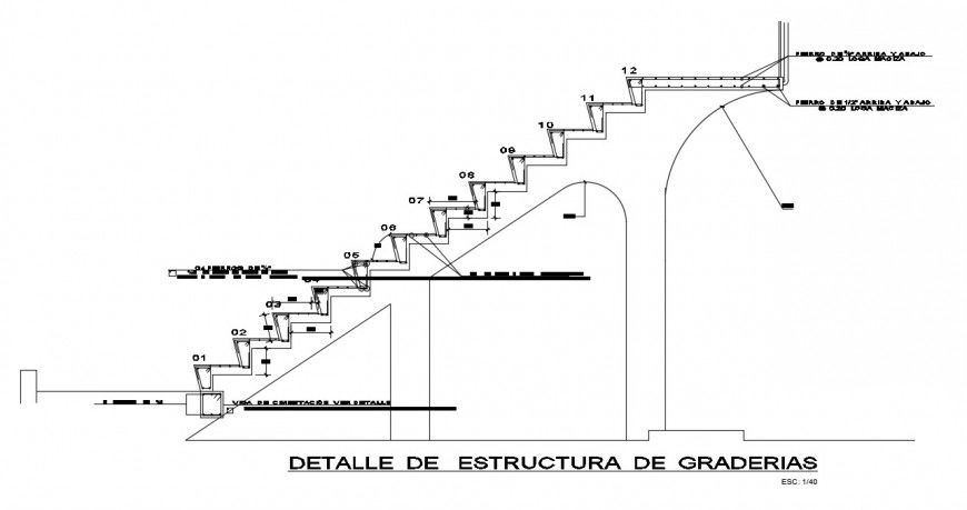 Construction details of staircase 2d view RCC structure dwg file