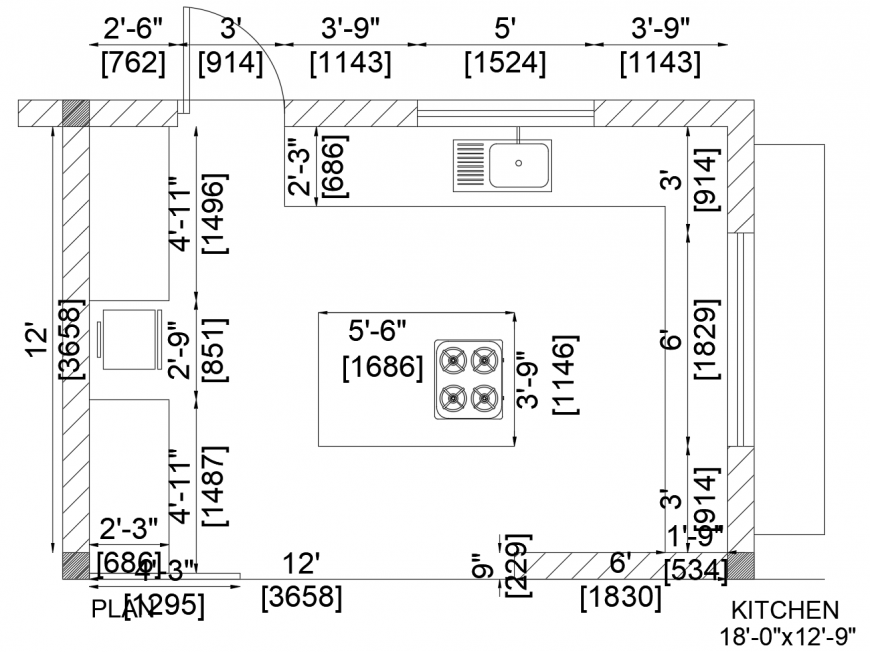 Construction plan of kitchen with the appliances 2d view autocad file