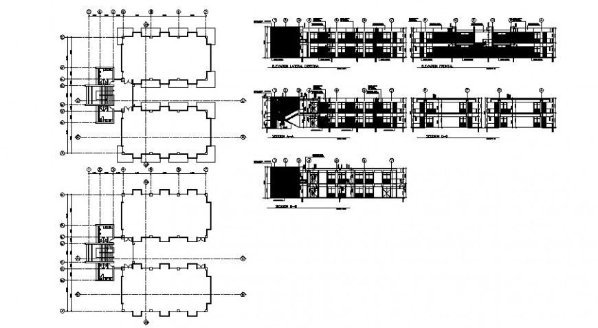 Construction view of building elevation and section view in auto cad
