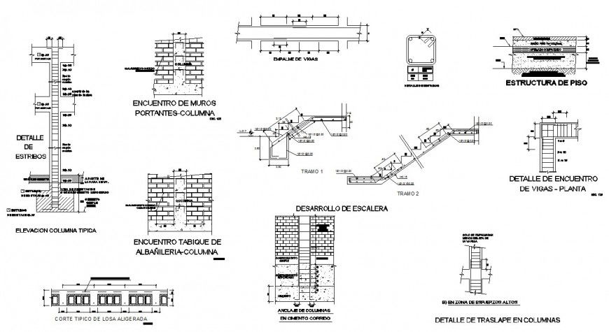 Construction view of column wall and stair in auto cad file