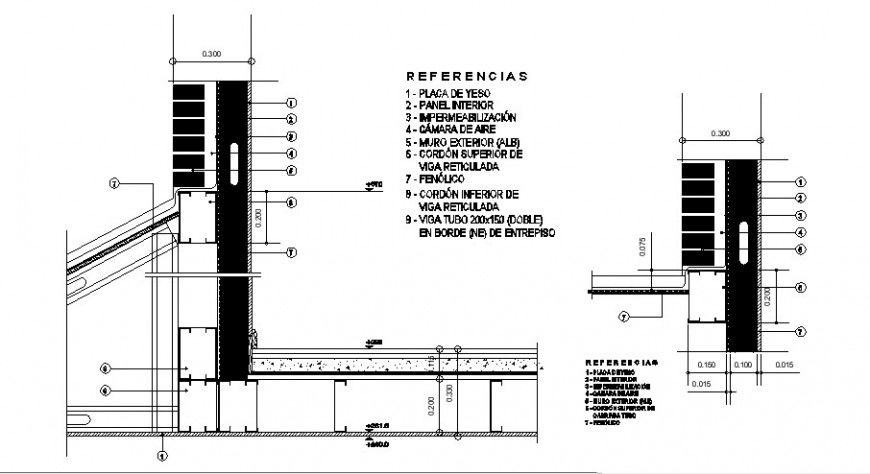 Construction view of wall and wall support in elevation of auto cad file