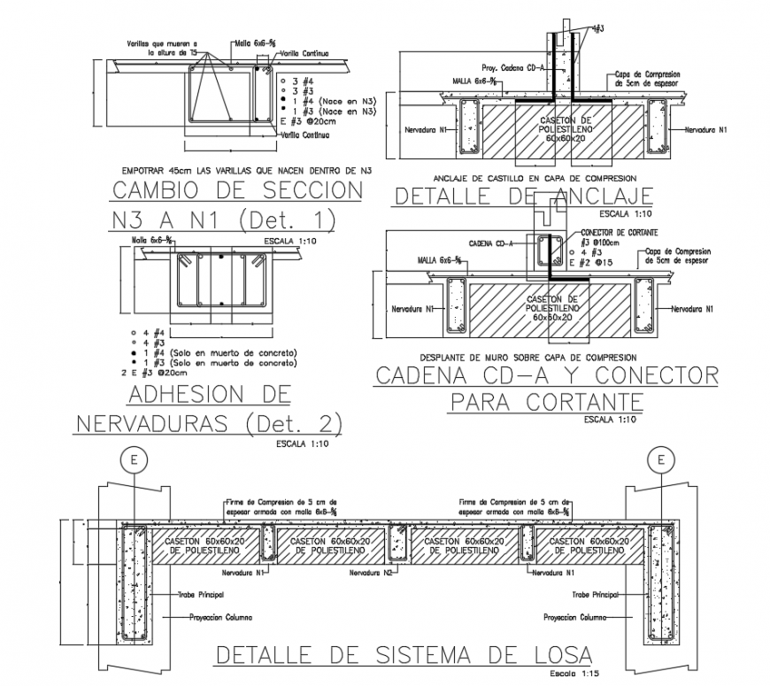 Construction view with different detail view of slab design dwg file