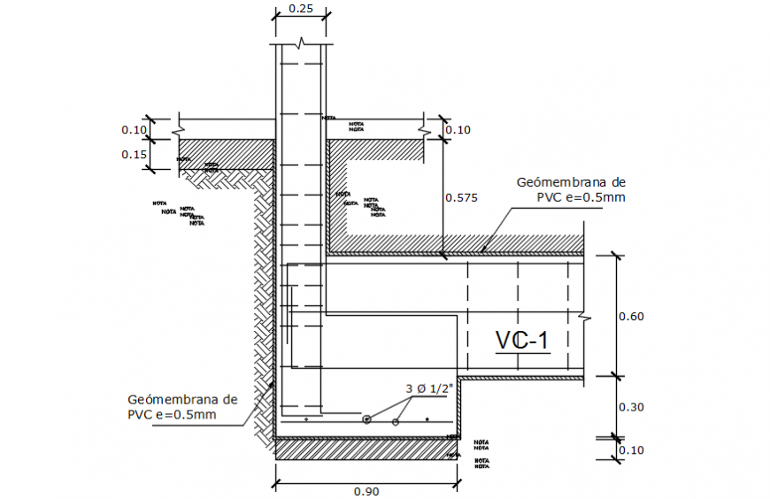 Construction view with PVC line foundation in section of AutoCAD