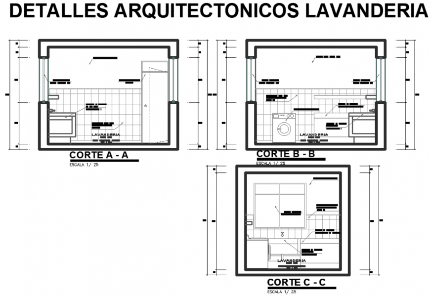 Constructive architectural detail and kitchen-laundry plan detail dwg file.