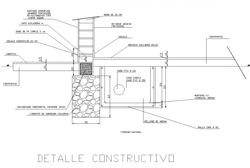 Constructive detail foundation-wall-interior and exterior floor dwg file