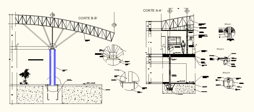 Constructive detail metal structure plan, elevation and section dwg file