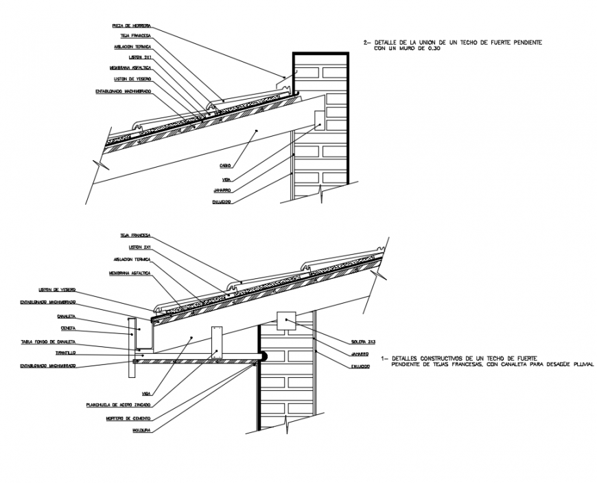 Constructive details of building with roof column and concrete details dwg file