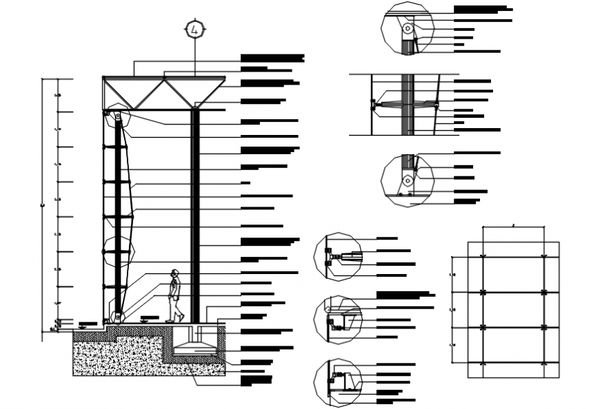 Constructive details of control glass facade and metallic structure dwg file