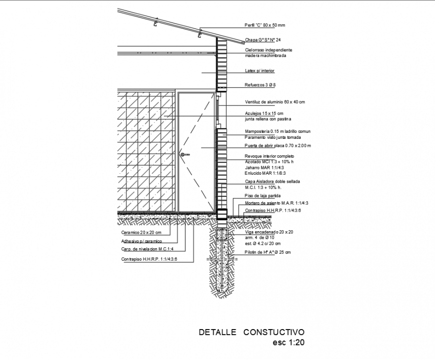 Constructive details of floor to ceiling with footings dwg file