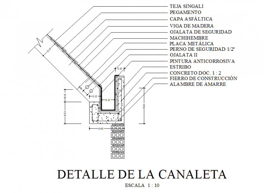 Constructive details of gutter cad drawing details dwg file