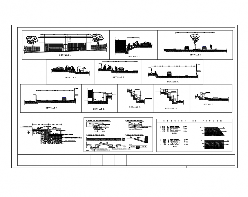 Constructive details of side walks closed with staircase and section of garden dwg file