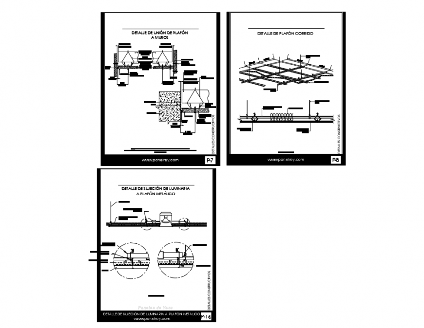 Constructive details of union of flat ceiling to walls dwg file