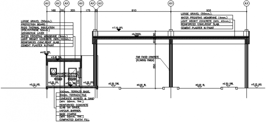 Constructive front section drawing details for guard house dwg file