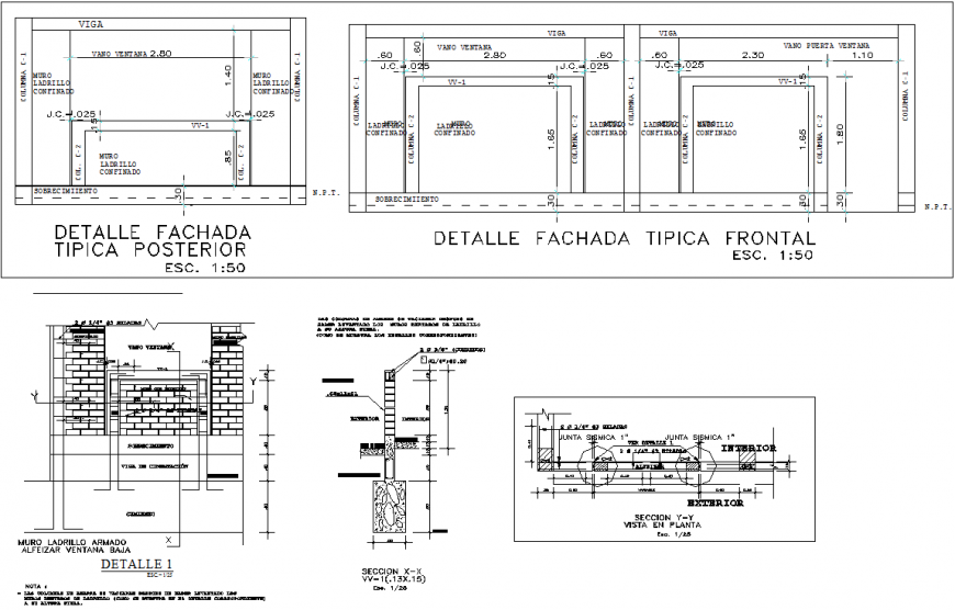 Constructive section, brick wall and structure details of initial school dwg file