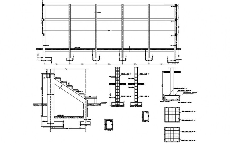 Constructive section, footings structure and construction details for college dwg file