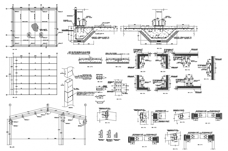 Constructive section, foundation plan and construction details of building dwg file