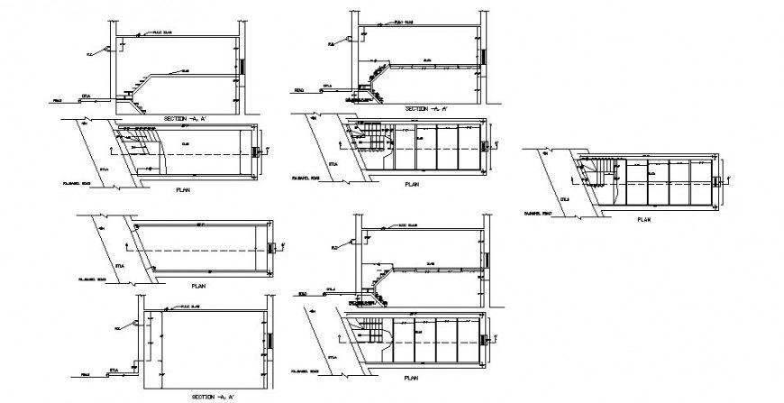 Constructive section, plan and staircase details of shoe store dwg file