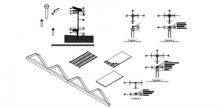 Constructive section, roof and structure details for wooden house dwg file