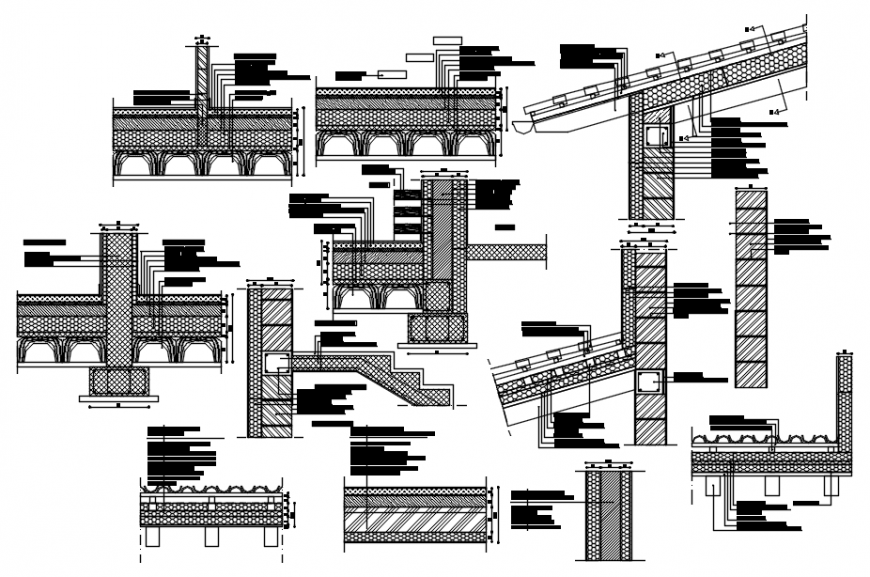Constructive section, roof section and structure details of residential house dwg file