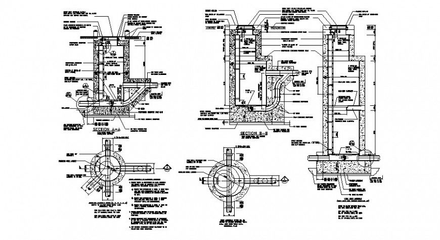 Constructive section and drainage sewer, plumbing and cad structure details dwg file