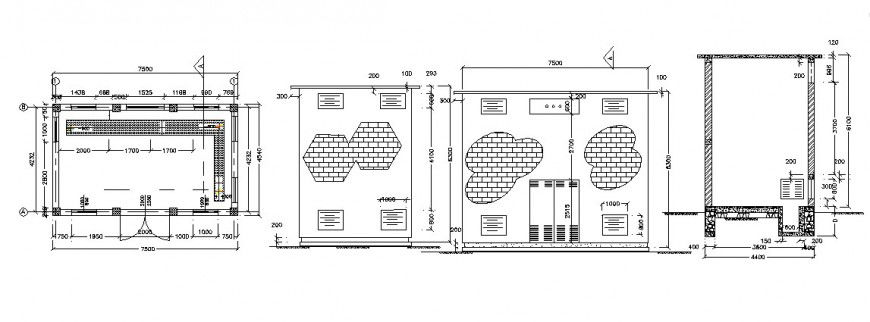 Constructive section and elevation drawing details of transformer house dwg file