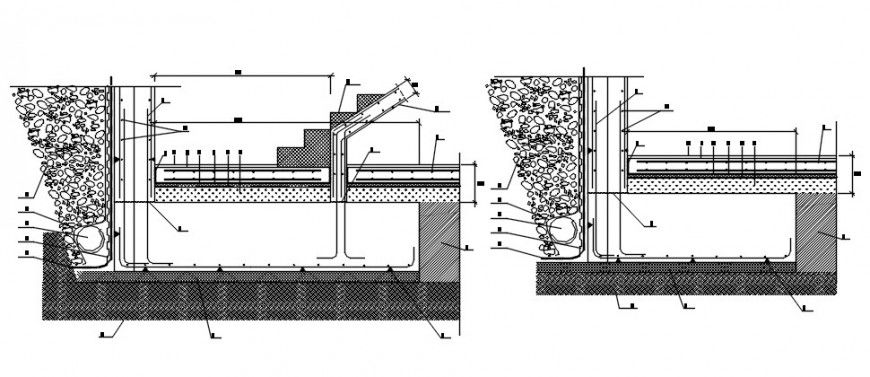 Constructive section details of foot in wall contention dwg file