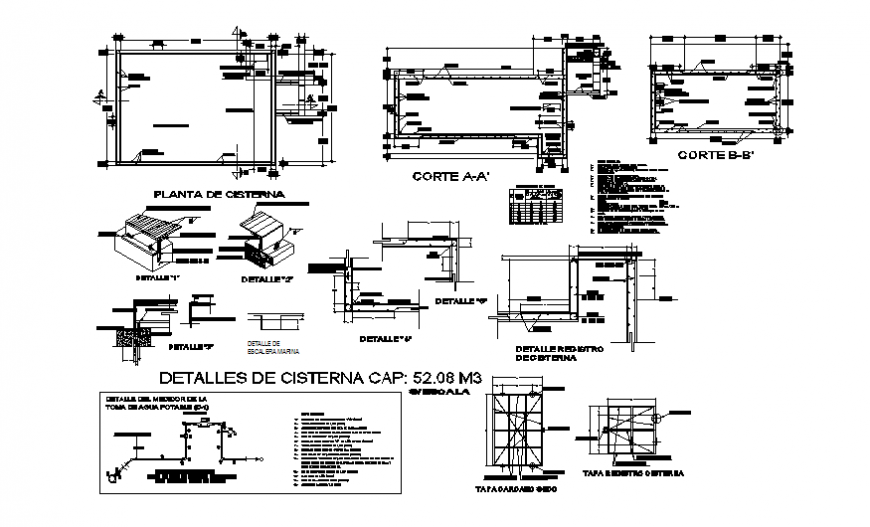 Constructive section details of house with water tank dwg file