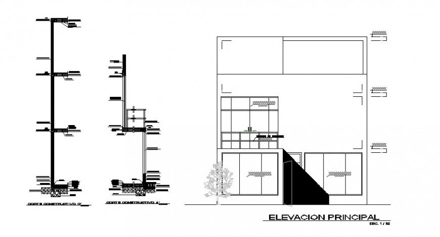 Constructive section front and back side details of house dwg file