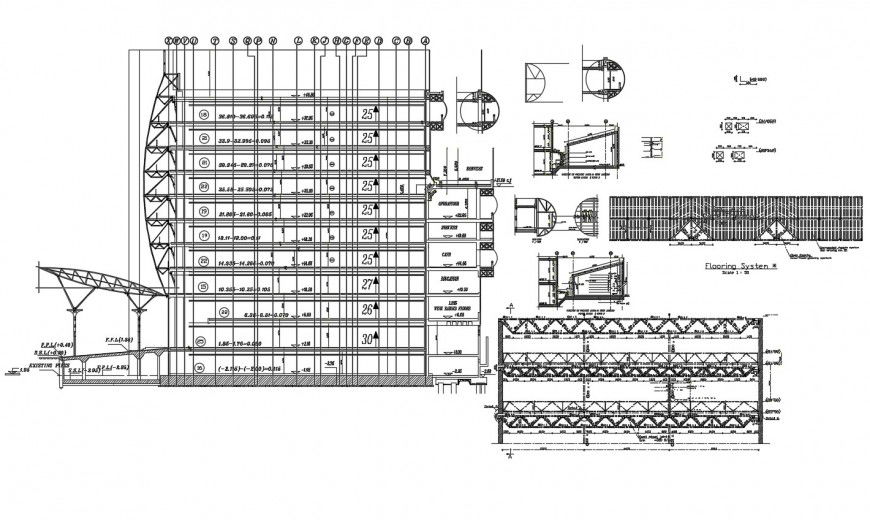 Constructive section with roof of multi-story building cad drawing details dwg file
