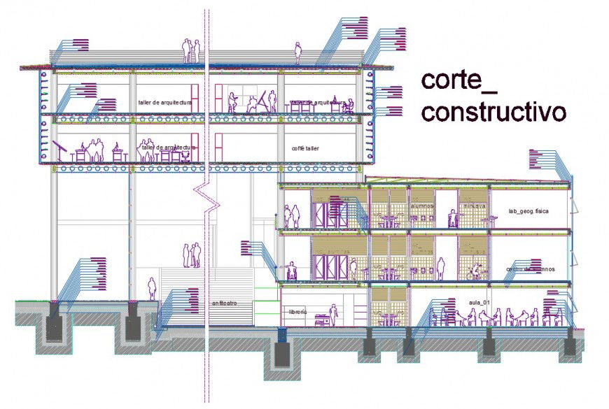 Constructive sectional details of college building dwg file