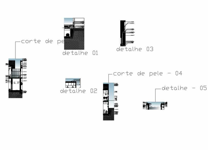 Constructive sectional facade and cuts details of house building dwg file