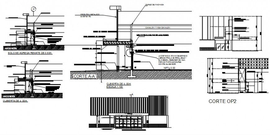 Constructive sections and multiple wall construction drawing details for super market dwg file