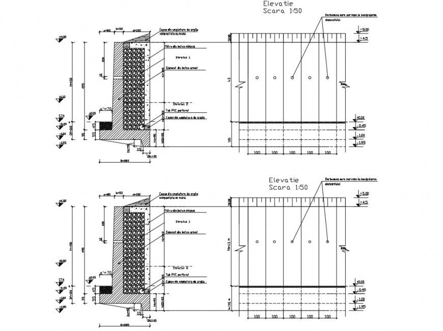 Constructive structure details of retaining wall dwg file