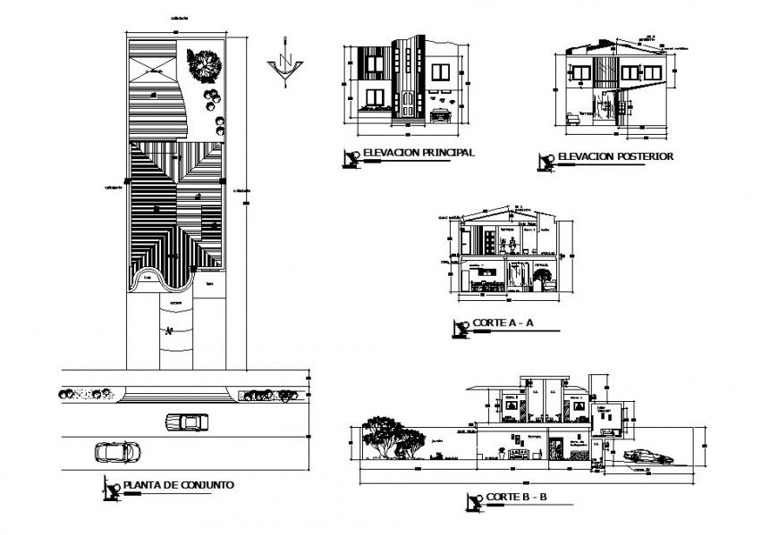 Contemporary house two levels elevation, section, plan and auto-cad details dwg file