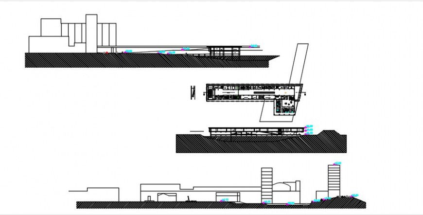 Contemporary museum building elevations and sections drawing details dwg file