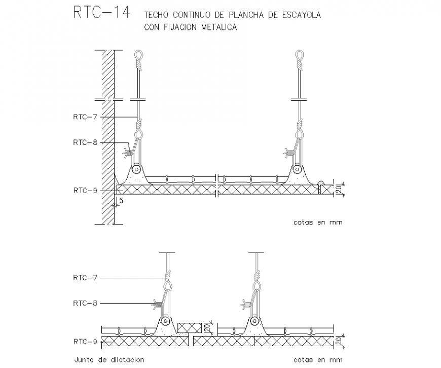 Continuous ceiling of plaster board with metal fixation detail dwg file