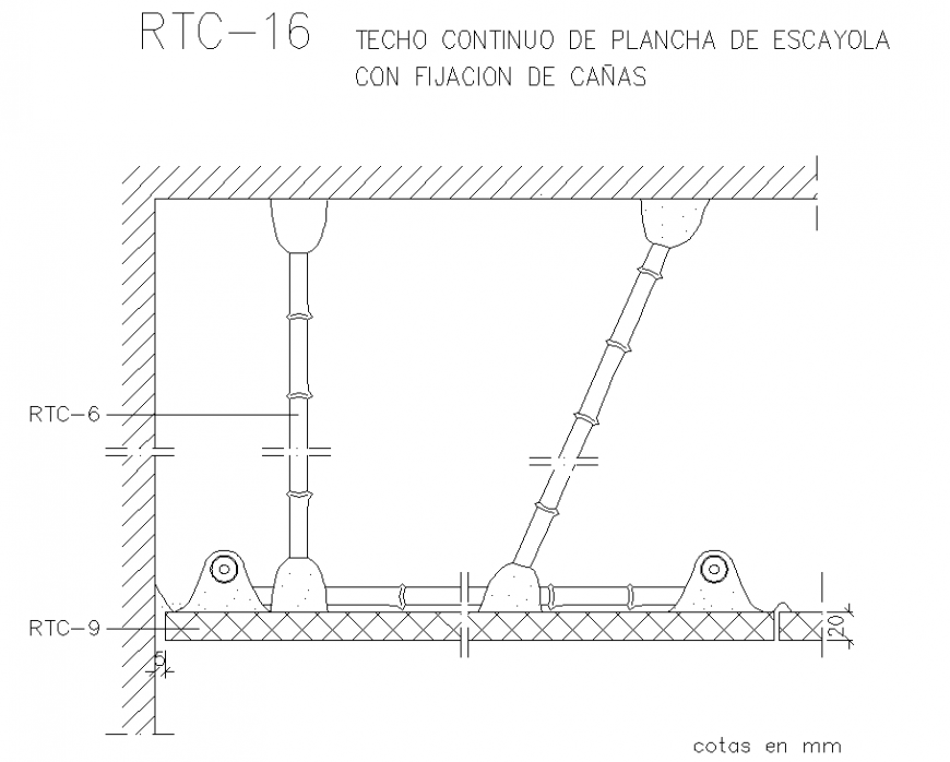 Continuous ceiling of plaster plate with grey fixation section detail dwg file