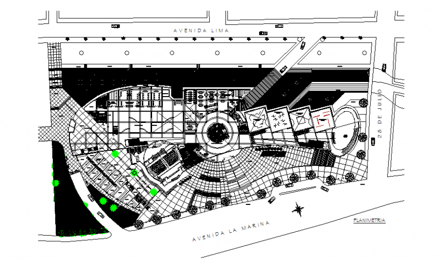 Convention center general layout plan and landscaping structure details dwg file