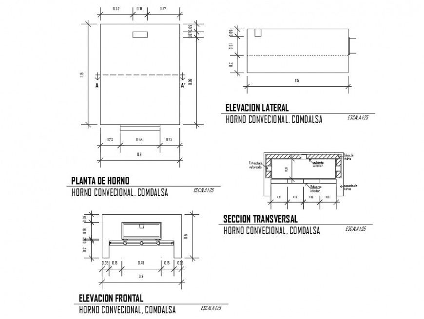 Conventional oven elevation, section and plan details dwg file
