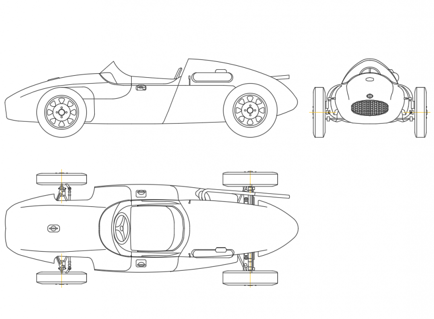 Cooper climax racing car front, side and top view design block dwg file