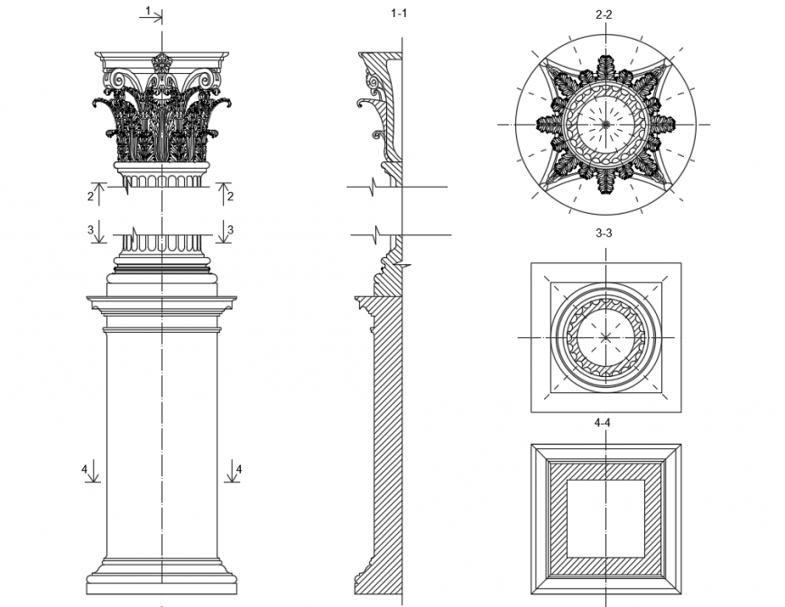 Corinthian column elevation and drawing detail with pedestal dwg file