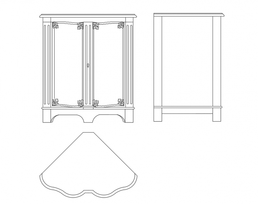 Corner cabinet front, side and top view elevation cad block design dwg file