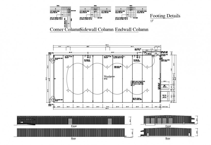 Corner column side wall, end wall, footings and warehouse structure drawing details dwg file