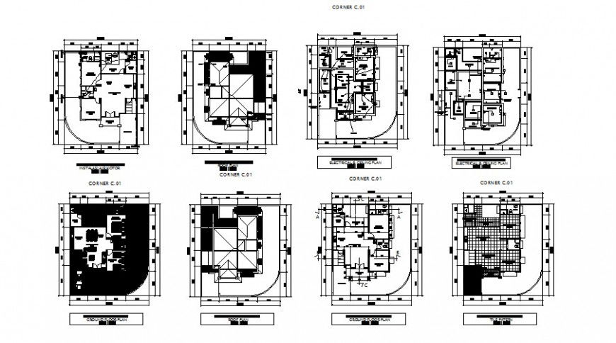 Corner type house floor plan and electrical layout plan details dwg file
