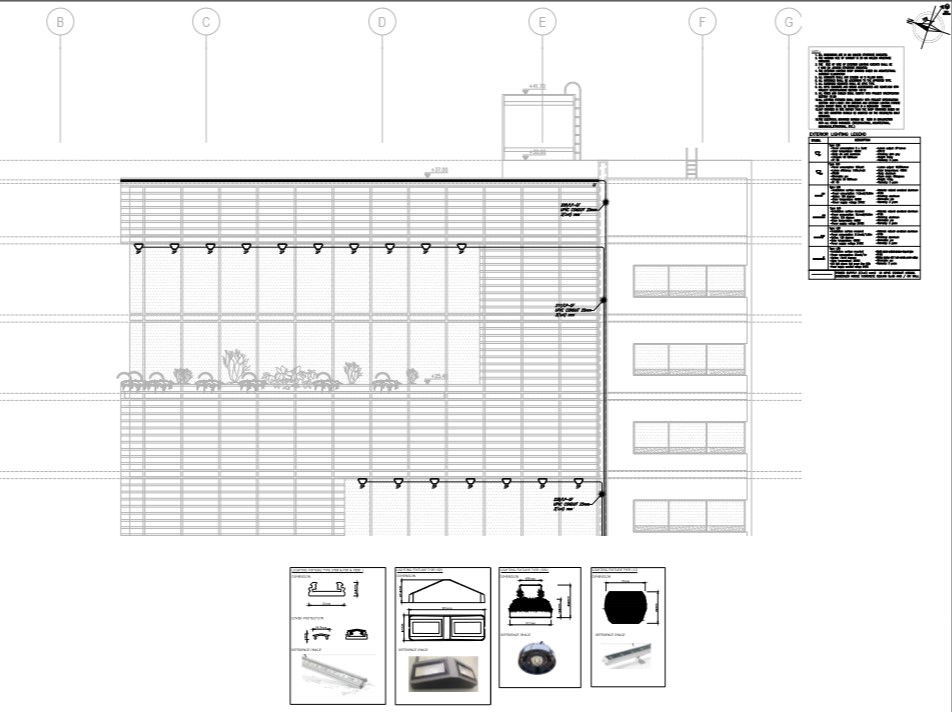 corporate building elevation detail and exterior led lighting detail layout