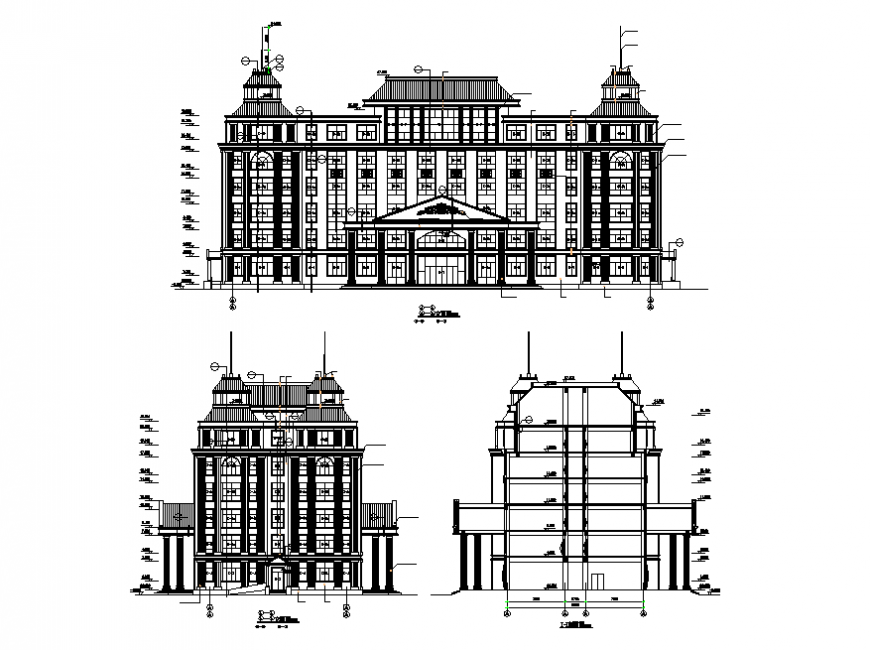 Corporate building front elevation design dwg file