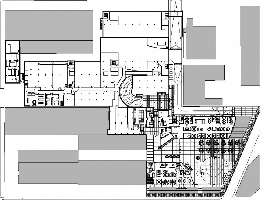Corporate building plan with storage in dwg file.