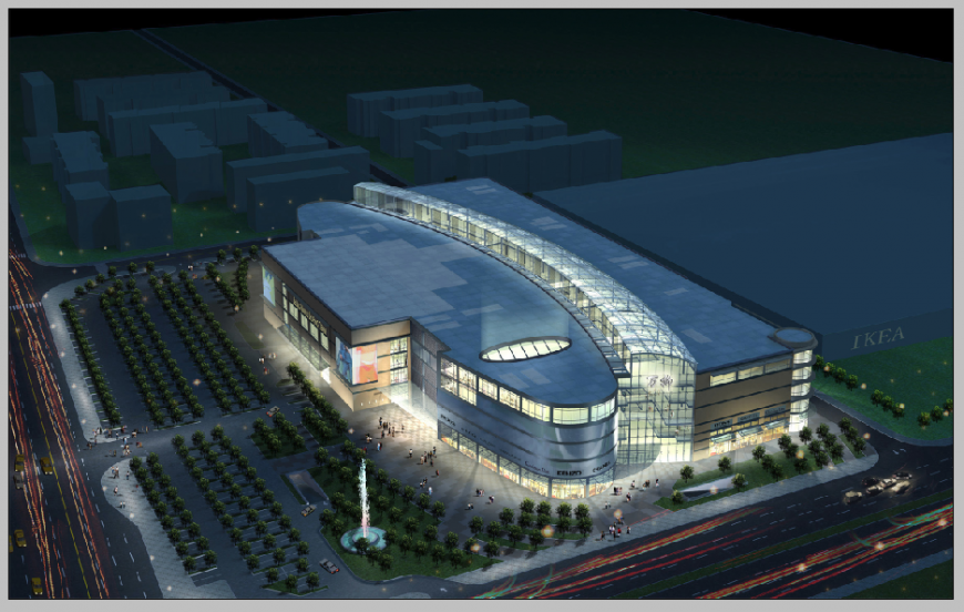 Corporate building top view design with landscaping structure night view photoshop file