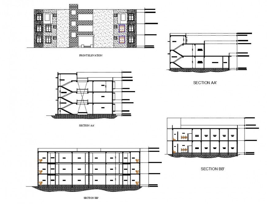Corporate office building all sided elevation, section cad drawing details dwg file