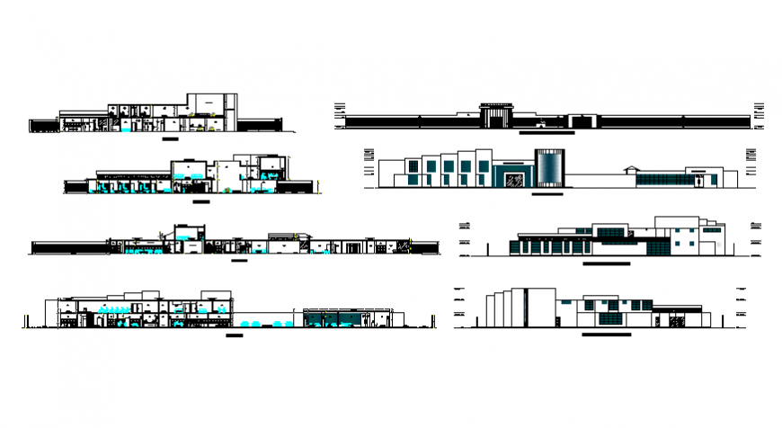 Corporate office building all sided elevation and section cad drawing details dwg file